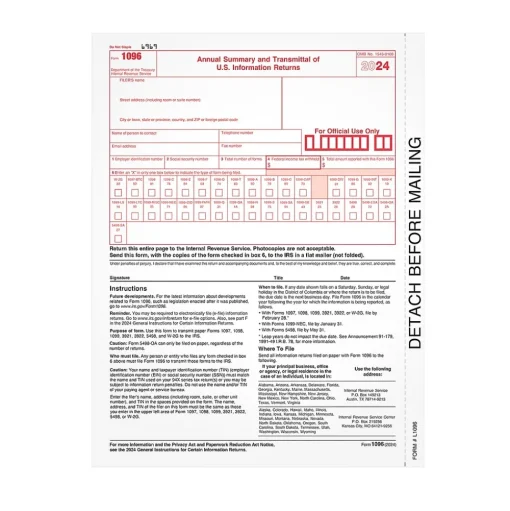 Adams Tax Forms<2024 1096 Tax Form, 1-Part, 25/Pack (L109625)