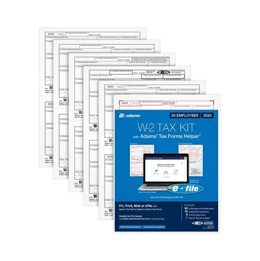 Adams Tax Forms<2024 W-2 Tax Form with W-3 Forms and Access to Tax Forms Helper, 6-Part, 2-Up, Copy A, 1, B, C, 2, D, 50/Pack