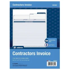 Adams Business Forms<3-Part Carbonless Contractors Invoice Forms, 8.5"W x 11.44"L, 100/Pack (ABF NC3822)