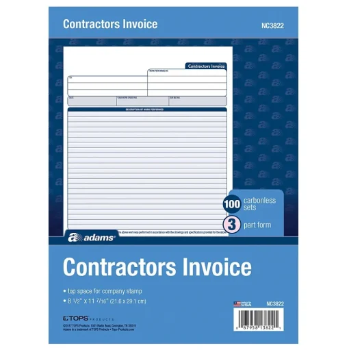 Adams Business Forms<3-Part Carbonless Contractors Invoice Forms, 8.5"W x 11.44"L, 100/Pack (ABF NC3822)