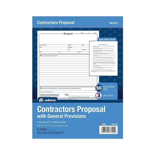 Adams Business Forms<3-Part Carbonless Contractor Proposal Forms, 8.5" x 11.44", 50 Sets/Book (NC3819)