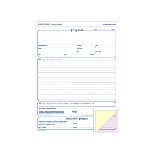 Adams Business Forms<3-Part Carbonless Contractor Proposal Forms, 8.5" x 11.44", 50 Sets/Book (NC3819)