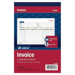 Adams Business Forms<3-Part Carbonless Invoices, 8.44"W x 5.56"L, 50 Sets/Book (TC5840)