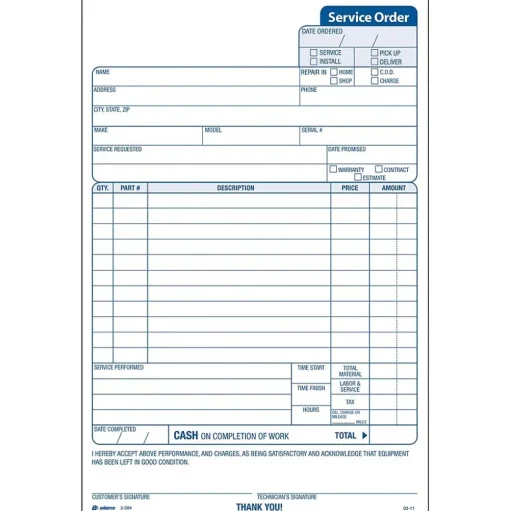 Adams Business Forms<3-Part Carbonless Work Orders, 5-2/3" x 9", 250 Sets/Book (3-584)