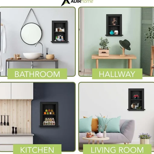 AdirHome Shelving<1-Shelf Wood Bathroom Recessed Wall Shelf, 19" x 12.75" x 4.75", Black, 2/Pack (515-01-BLK-2PK)
