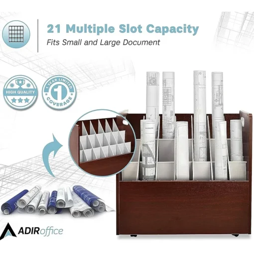AdirOffice File Cabinets<21-Slot Mobile Roll File, 28.5"H x 30"W x 15.75"D, Mahogany, 2/Pack (625-MA-2PK)