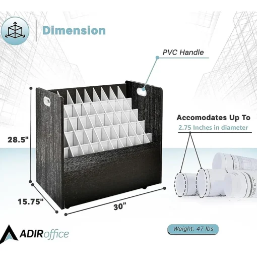 AdirOffice File Cabinets<50-Slot Mobile Roll File, 28.5"H x 30"W x 15.75"D, Black (626-BLK-2PK)