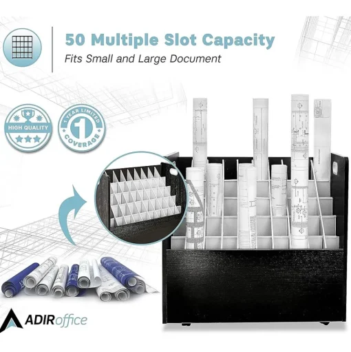 AdirOffice File Cabinets<50-Slot Mobile Roll File, 28.5"H x 30"W x 15.75"D, Black (626-BLK-2PK)