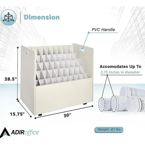 AdirOffice File Cabinets<50-Slot Mobile Roll File, 28.5"H x 30"W x 15.75"D, White (626-WHI-2PK)