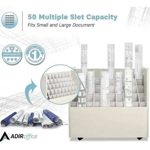 AdirOffice File Cabinets<50-Slot Mobile Roll File, 28.5"H x 30"W x 15.75"D, White (626-WHI-2PK)