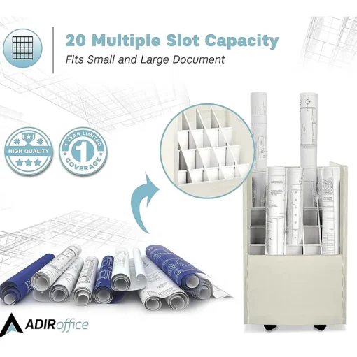 AdirOffice File Cabinets<20-Slot Mobile Roll File, Lockable, 24.75"H x 15.25"W x 13.25"D, White (624-WHI-KIT1)