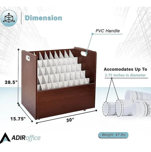 AdirOffice File Cabinets<50-Slot Mobile Roll File, 28.5"H x 30"W x 15.75"D, Mahogany (626-MA-KIT1)