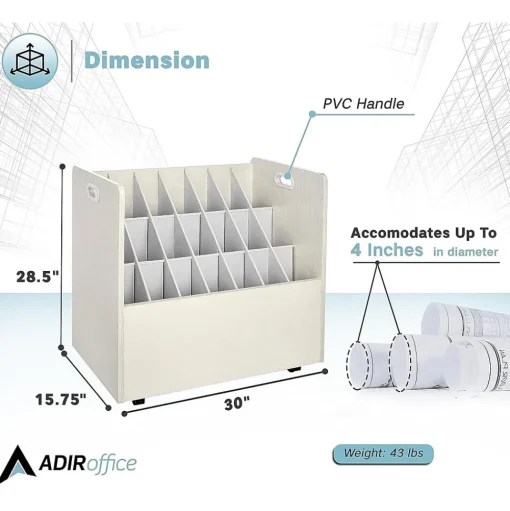 AdirOffice File Cabinets<21-Slot Mobile Roll File, Lockable, 28.5"H x 30"W x 15.75"D, White (625-WHI-KIT1)