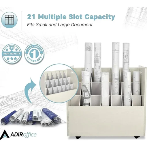 AdirOffice File Cabinets<21-Slot Mobile Roll File, Lockable, 28.5"H x 30"W x 15.75"D, White (625-WHI-KIT1)