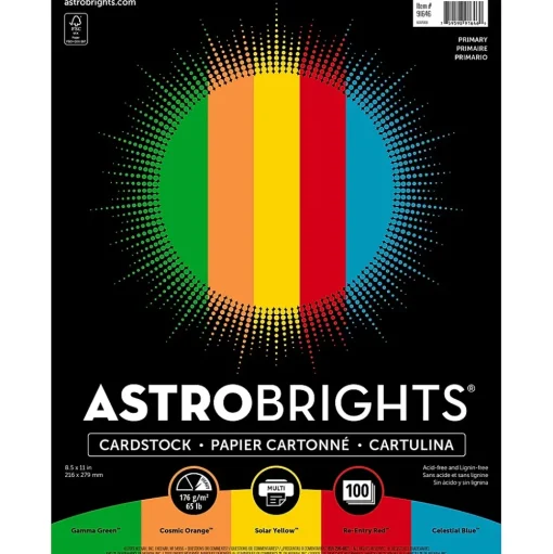 Astrobrights Card Stock<65 lb. Cardstock Paper, 8.5" x 11", Primary Assortment, 100 Sheets/Ream (91646)