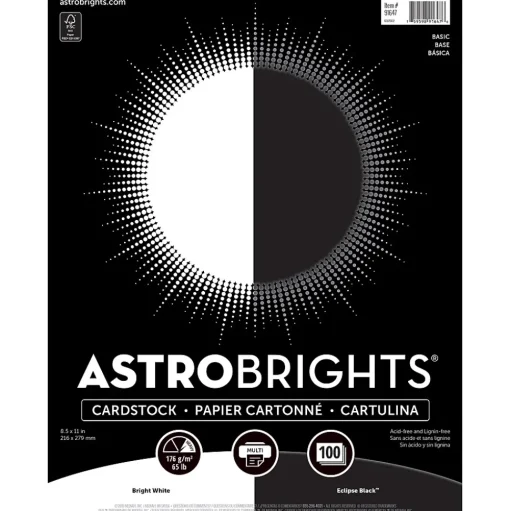 Astrobrights Card Stock<65 lb. Cardstock Paper, 8.5" x 11", Black/White, 100 Sheets/Ream (91647)