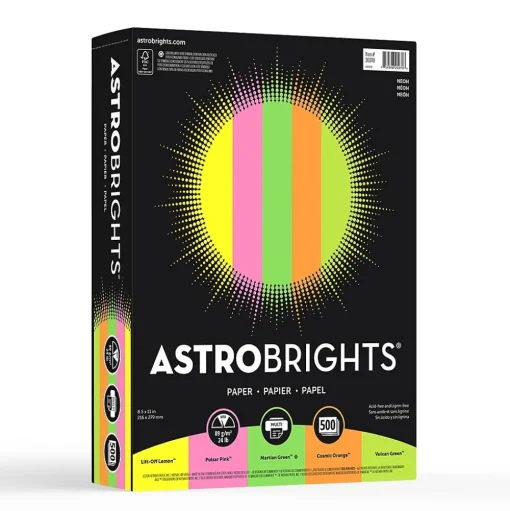 Wausau Paper Large Quantity Paper<Astrobrights Color Paper, 8.5" x 11", 24 lb., Neon Assorted Colors, 500/Ream (20270)