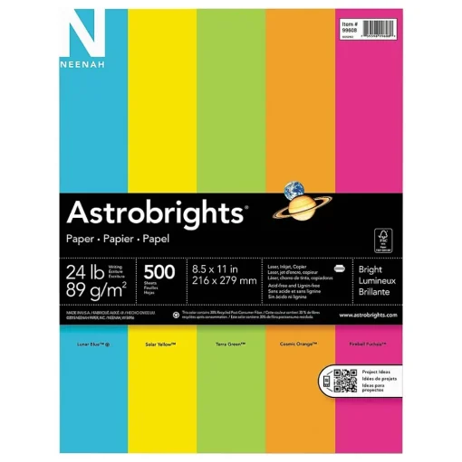 Astrobrights Multipurpose Paper<Neenah Colored Paper, 24 lbs., 8.5" x 11", Assorted Brights, 500 Sheets/Ream (WAU99608)