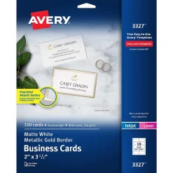 Avery Business Cards<Business Cards, 2" x 3 1/2", White/Gold, 10 Cards/Sheet, 10 Sheets/Pack, 100 Cards/Pack (3327)