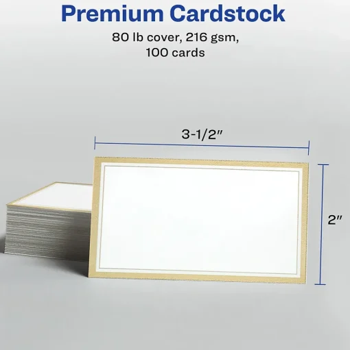 Avery Business Cards<Business Cards, 2" x 3 1/2", White/Gold, 10 Cards/Sheet, 10 Sheets/Pack, 100 Cards/Pack (3327)