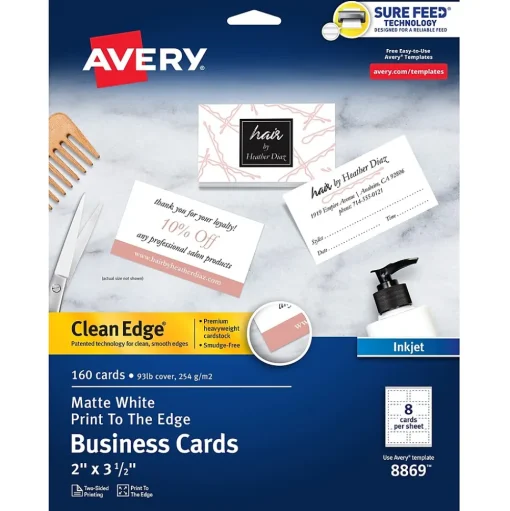 Avery Business Cards<Clean Edge Business Cards, 3.5" x 2", Matte White, 160/Pack (8869)