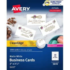 Avery Business Cards<Clean Edge Business Cards, 2" x 3 1/2", Matte White, 1000 Per Pack (5874)