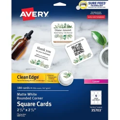 Avery Business Cards<Clean Edge Laser Square Cards with Rounded Corners, 2 1/2" x 2 1/2", White, 20 Sheets/Pack, 180 Cards/Pack (35703)