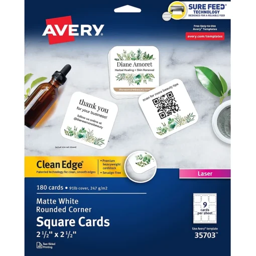 Avery Business Cards<Clean Edge Laser Square Cards with Rounded Corners, 2 1/2" x 2 1/2", White, 20 Sheets/Pack, 180 Cards/Pack (35703)