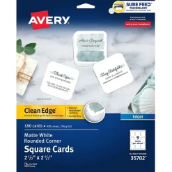 Avery Business Cards<Clean EdgeBusiness Cards, 2.5" x 2.5", White, 9 Cards/Sheet, 180 Cards/Pack (35702)