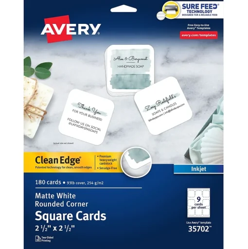 Avery Business Cards<Clean EdgeBusiness Cards, 2.5" x 2.5", White, 9 Cards/Sheet, 180 Cards/Pack (35702)