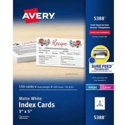 Avery Index Cards<Index Cards, 3" x 5", Matte White, Laser/Inkjet, 150/Pack (05388)