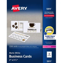 Avery Business Cards<® Laser Business Cards, 2" x 3.5", White, 2500/Box(5911)