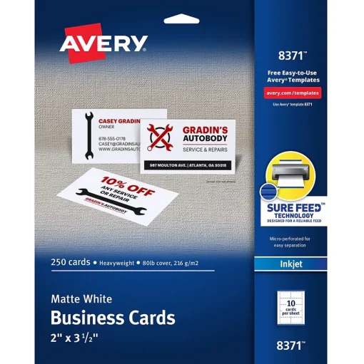 Avery Business Cards<Microperforated Business Cards, 2" x 3 1/2", Matte White, 250 Per Pack (8371)