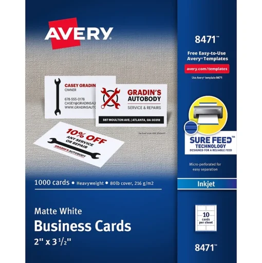 Avery Business Cards<Microperforated Business Cards, 2" x 3 1/2", Matte White, 1000 Per Pack (8471)