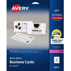 Avery Business Cards<Microperforated Business Cards, 2" x 3 1/2", Matte White, 250 Per Pack (5371)