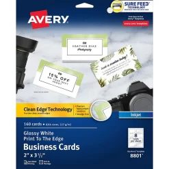Avery Business Cards<Sure Feed Business Cards, 2" x 3.5", Glossy White, 8 Cards/Sheet, 20 Sheets/Pack, 160 Cards/Pack (8801)