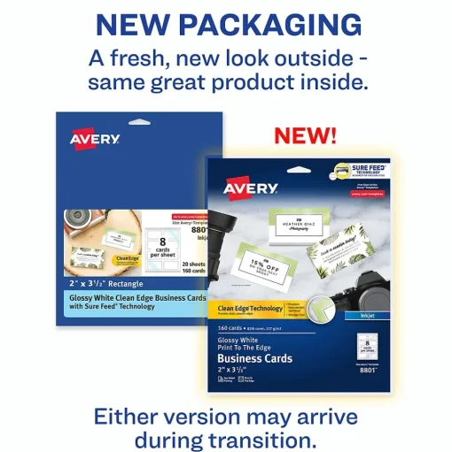 Avery Business Cards<Sure Feed Business Cards, 2" x 3.5", Glossy White, 8 Cards/Sheet, 20 Sheets/Pack, 160 Cards/Pack (8801)