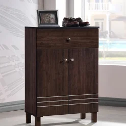 Baxton Studio Storage Cabinets<Felda 35" High Wood Shoe Cabinet with Three Shelves, Dark Brown (2633-6497-STPL)