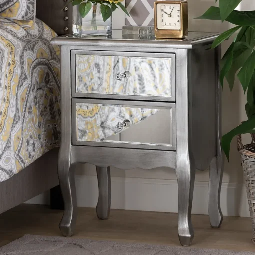 Baxton Studio Storage Cabinets<Leonie 24.21" High 2-Drawer Nightstand, Silver and Mirror (162-10266-HiT)