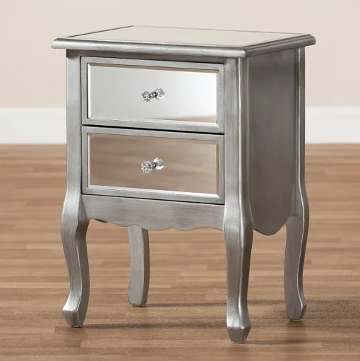 Baxton Studio Storage Cabinets<Leonie 24.21" High 2-Drawer Nightstand, Silver and Mirror (162-10266-HiT)