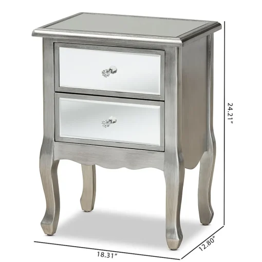 Baxton Studio Storage Cabinets<Leonie 24.21" High 2-Drawer Nightstand, Silver and Mirror (162-10266-HiT)