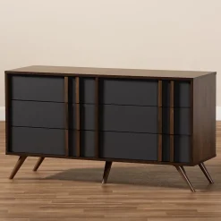 Baxton Studio Storage Cabinets<Naoki 25.6" High 6-Drawer Dresser, Grey and Walnut (168-10930-HiT)