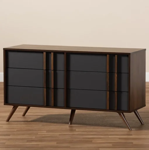 Baxton Studio Storage Cabinets<Naoki 25.6" High 6-Drawer Dresser, Grey and Walnut (168-10930-HiT)