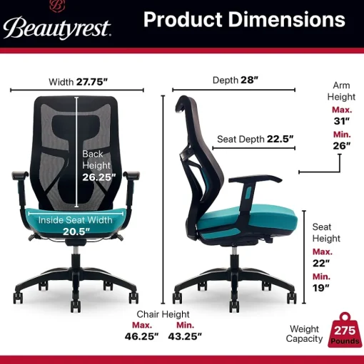Beautyrest Ergonomic Chairs<Duo-EX Ergonomic Mesh Swivel Computer Chair, (60051-TEL)
