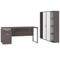 bestar Computer Desks<Aquarius 66" Computer Desk with Single Pedestal and 2 Storage Cabinets, Bark Grey/White (114851-000047)