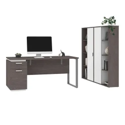 bestar Computer Desks<Aquarius 66" Computer Desk with Single Pedestal and 2 Storage Cabinets, Bark Grey/White (114851-000047)