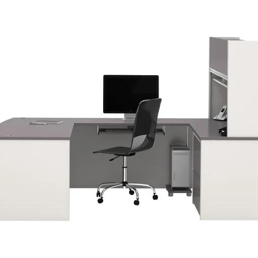 bestar Office Desks<Connexion Collection 71" U-Shaped Desk with Oversize Pedestal and Hutch, Sandstone/Slate (93863-59)