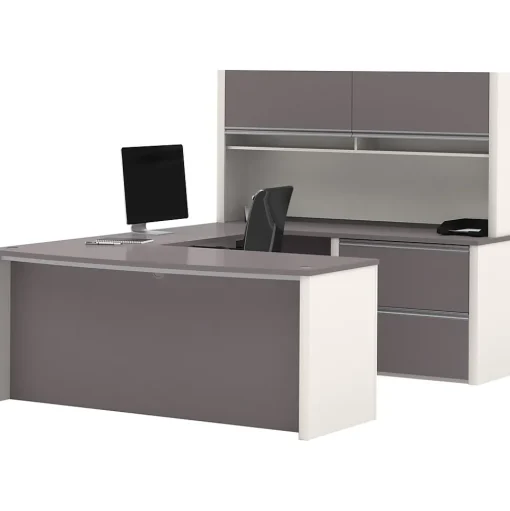 bestar Office Desks<Connexion Collection 71" U-Shaped Desk with Oversize Pedestal and Hutch, Sandstone/Slate (93863-59)
