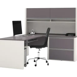 bestar L-Desks<Connexion Collection 71"W L-Shaped Desk with Oversize Pedestal and Hutch, Sandstone and Slate (93867-59)