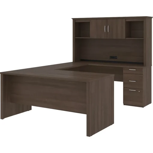 bestar Office Desks<Logan 66" U-Shaped Desk with Hutch, Brown (46410-52)